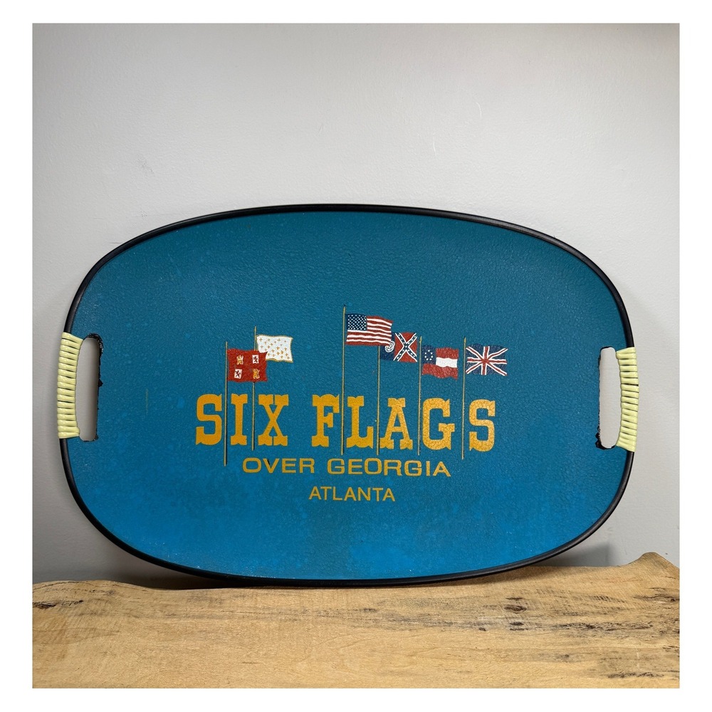 Vintage Six Flags Over Georgia Atlanta Souvenir Serving Tray Blue‎ Oval 17.5"
